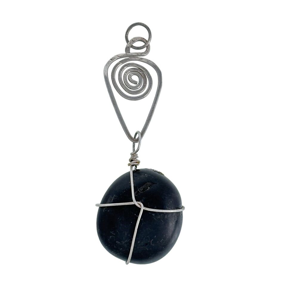 Silver-Tone Wire Wrapped Onyx Healing Stone Pendant